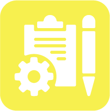 White clipboard, gear, and pen icons on yellow background represent planning or project management.