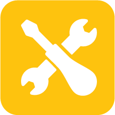White wrench and screwdriver crossed on a yellow square background, representing tools or maintenance.