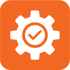 White gear featuring a central checkmark, set against an orange square backdrop.