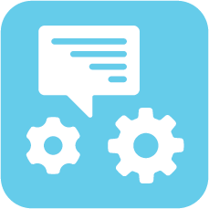 White speech bubble and two gears on a blue rounded square, representing communication and settings.