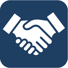 White handshake icon on a dark blue square background, representing partnership or agreement.