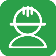 Outline of a person in a hard hat, drawn in white on a solid green background.