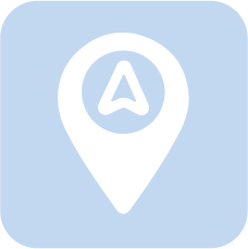 White location pin icon featuring a stylized letter A, set against a light blue background.