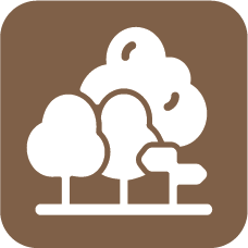 White icon of trees and a signpost on brown, symbolizing a park or nature area.