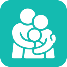 Two adults and a child hug, symbolizing family support, set against a teal background.