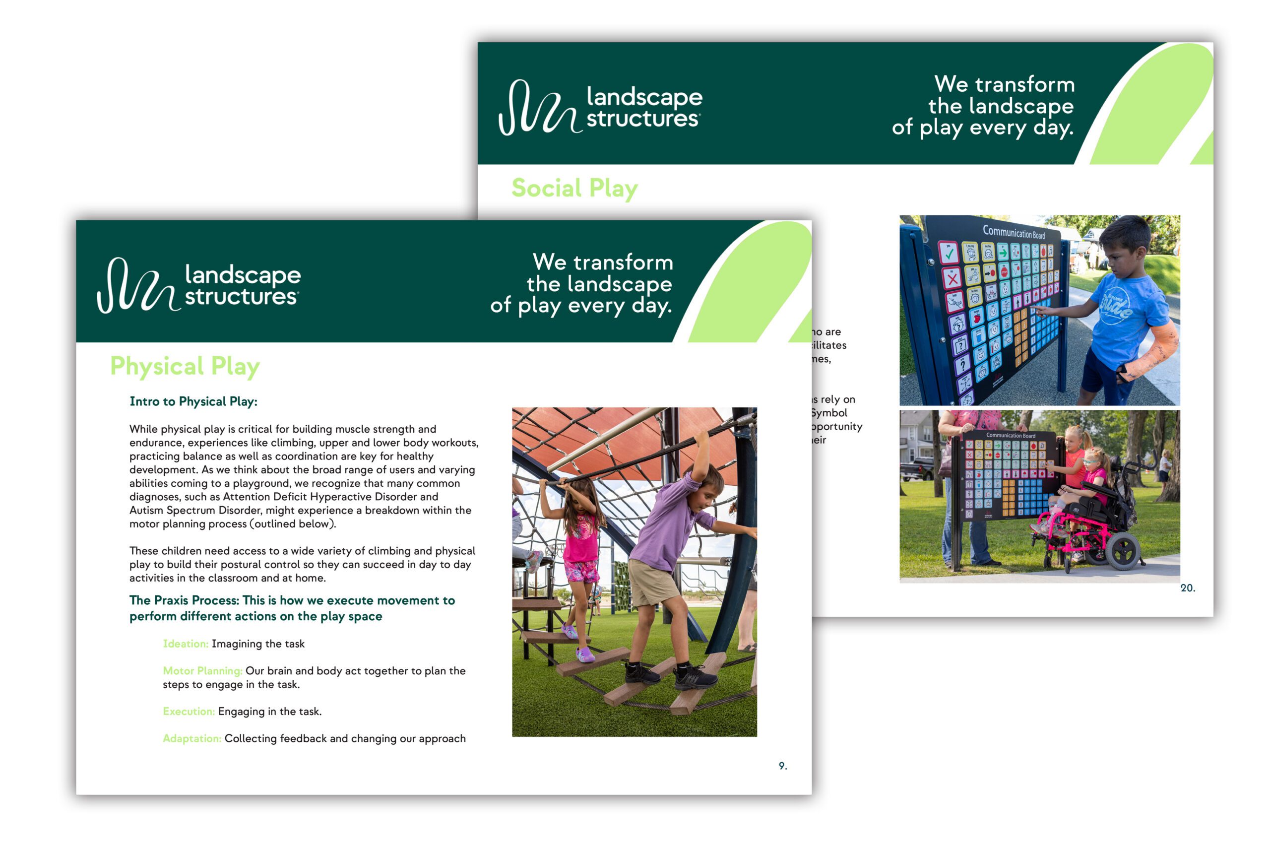 Slides on Physical Play feature children using outdoor play structures and interactive boards.