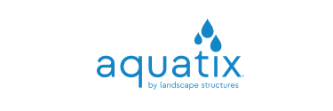 Aquatix logo featuring blue water droplets above "aquatix" and "by landscape structures" written underneath.