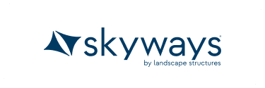 Skyways logo featuring a blue abstract shape alongside the words: skyways by landscape structures.