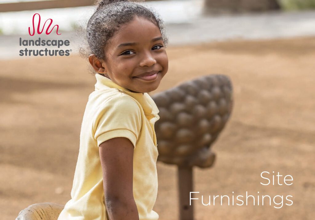 Smiling girl in a yellow shirt sits on outdoor playground equipment with "Site Furnishings" text overlayed.